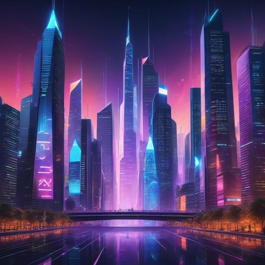 A futuristic digital cityscape with towering skyscrapers made of illuminated HTML and CSS code, representing the robustness of web solutions. A large, glowing RCS logo hovers above the skyline, casting a radiant light. In the foreground, people work on holographic screens, symbolizing innovative teamwork and advanced technology. Hyper-realistic. Vibrant colors. High-tech. 3D.