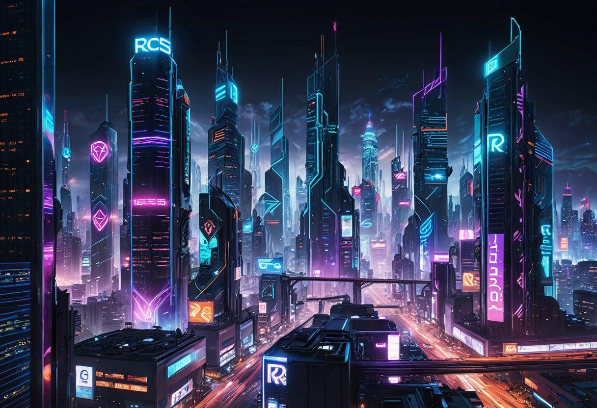 A sleek, futuristic cityscape with towering digital skyscrapers, each representing web hosting, maintenance, and marketing services. Bright neon lights and holographic billboards showcasing the RCS logo, with interconnected pathways between the skyscrapers symbolizing seamless integration. A vibrant, high-tech ambiance. cyberpunk. vibrant colors. white background.