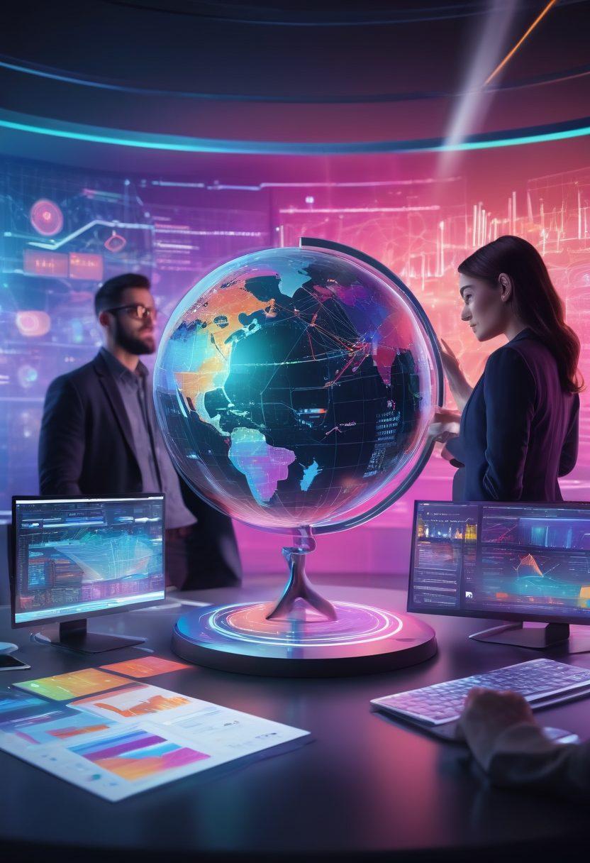 A dynamic and vibrant digital marketing scene with focused professionals at computers, analyzing analytics graphs, SEO charts, and website designs. A futuristic, holographic globe depicting connected networks and users. Keywords like SEO, website optimization, and online visibility floating in the background. Colorful, energetic, and engaging. 3D, vibrant colors, modern digital art.